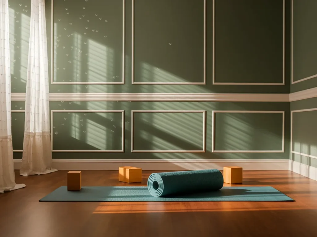 Home gym with sage green walls