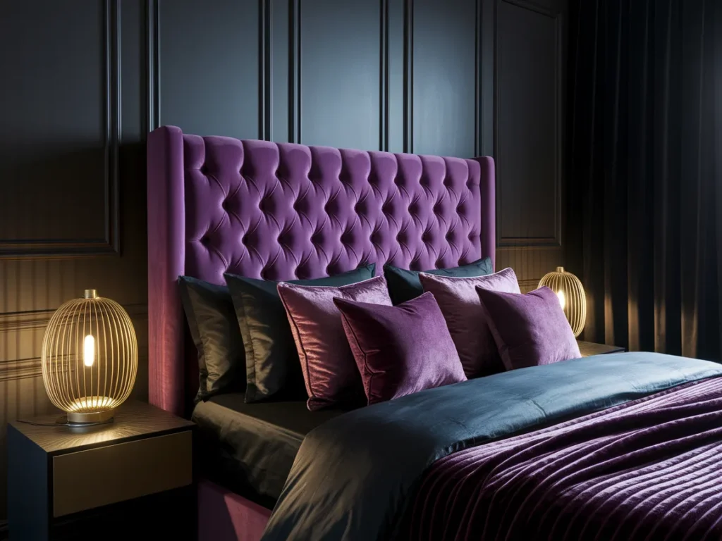 Luxurious dark bedroom with deep purple tufted