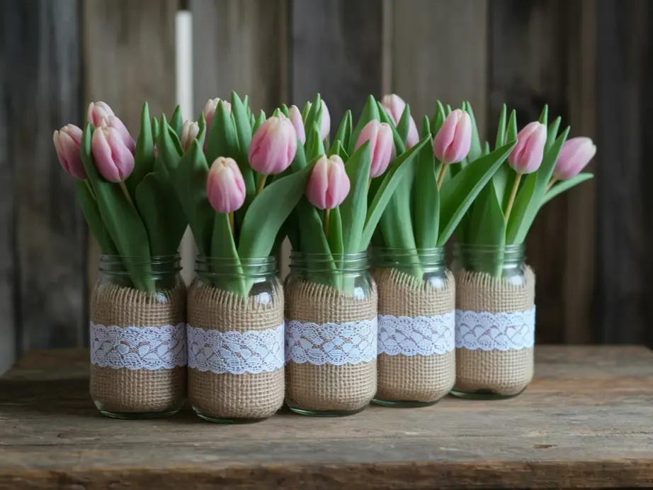 Mason jars wrapped in natural burlap with white lace