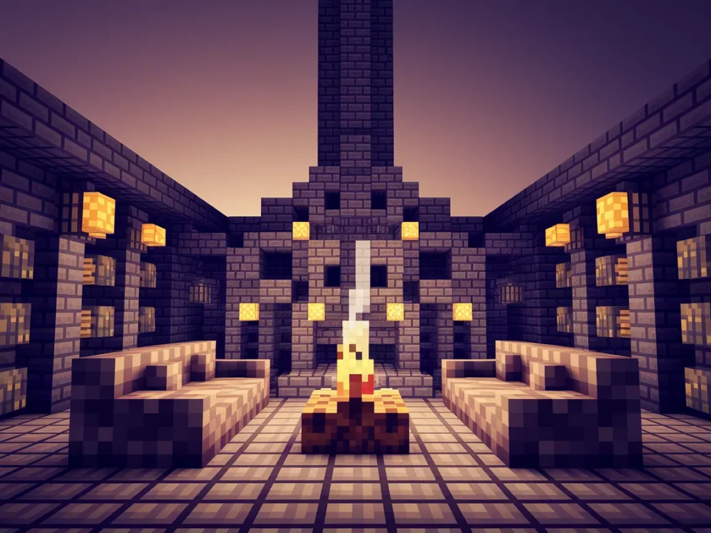 Minecraft living room centered on a grand stone fireplace