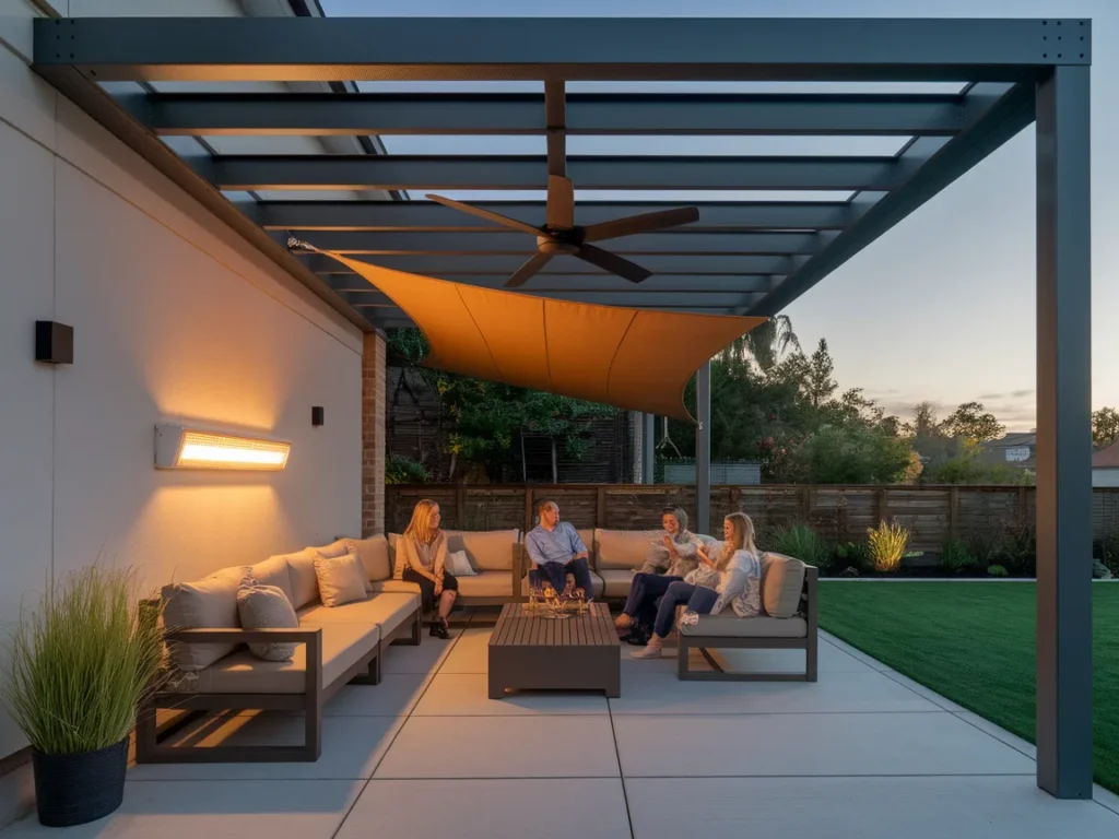 Modern patio with wall-mounted electric heater glowing
