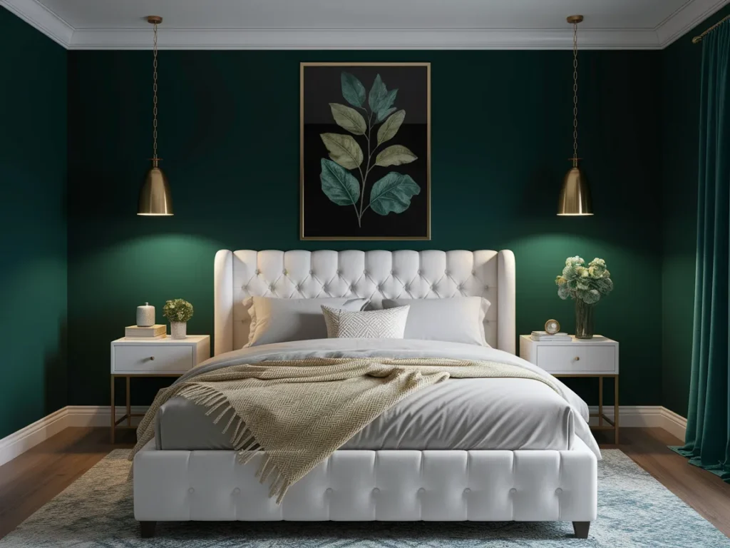 Moody bedroom with deep emerald green walls