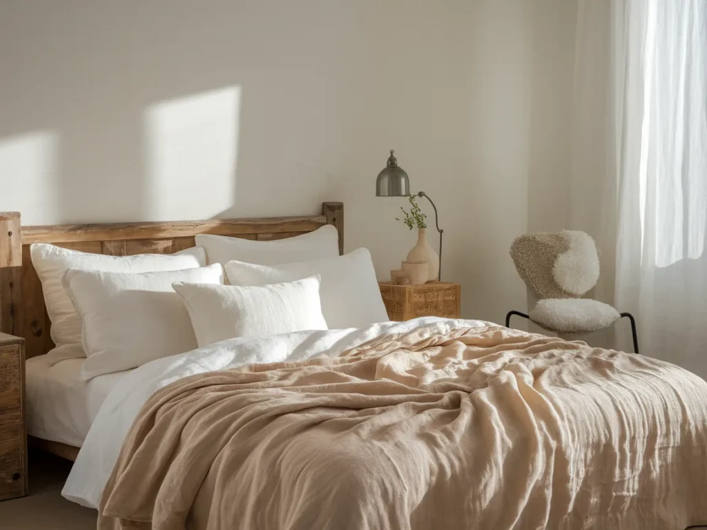 Natural linen bedding in soft beige tones