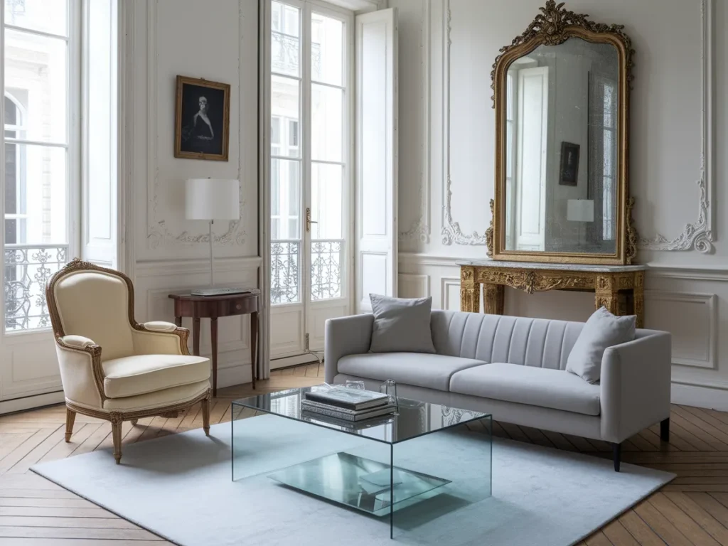 Parisian living room showing a ornate vintage Louis 