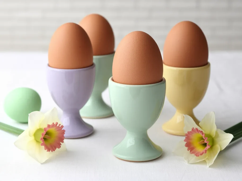 Pastel-colored handmade ceramic egg cups in soft lavender