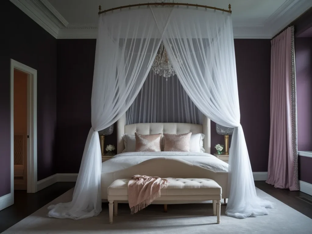 Romantic dark bedroom with sheer white canopy