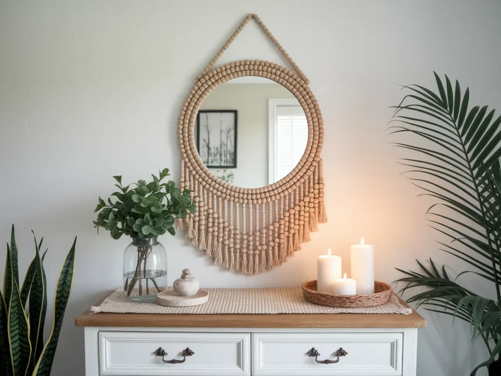 Round mirror with natural wooden beaded frame