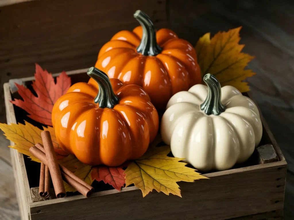 Rustic handmade ceramic pumpkins in harvest orange