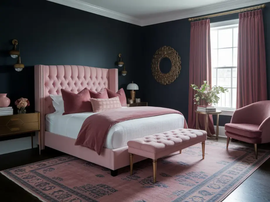 Sophisticated dark bedroom with navy walls