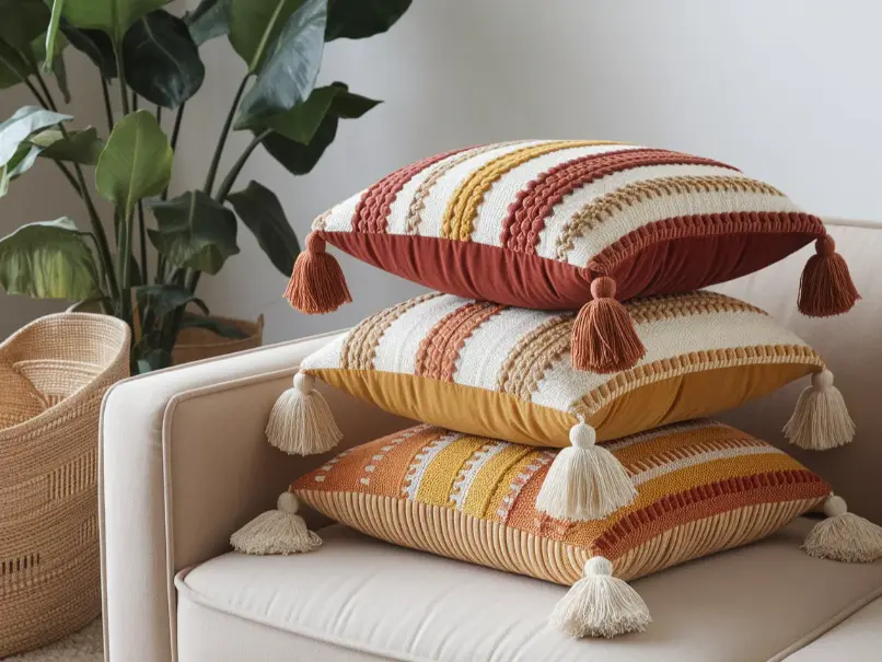 Stack of handmade boho throw pillows with mixed patterns