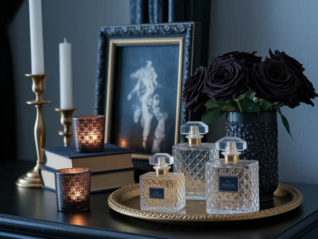 Styled dark feminine bedroom vignette with vintage books