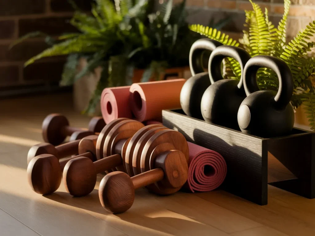 Stylish home gym equipment display with wooden dumbbells