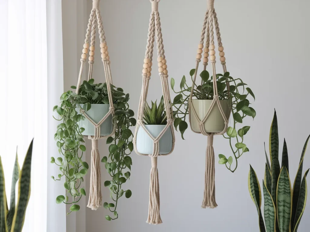 Three macrame plant hangers at different heights