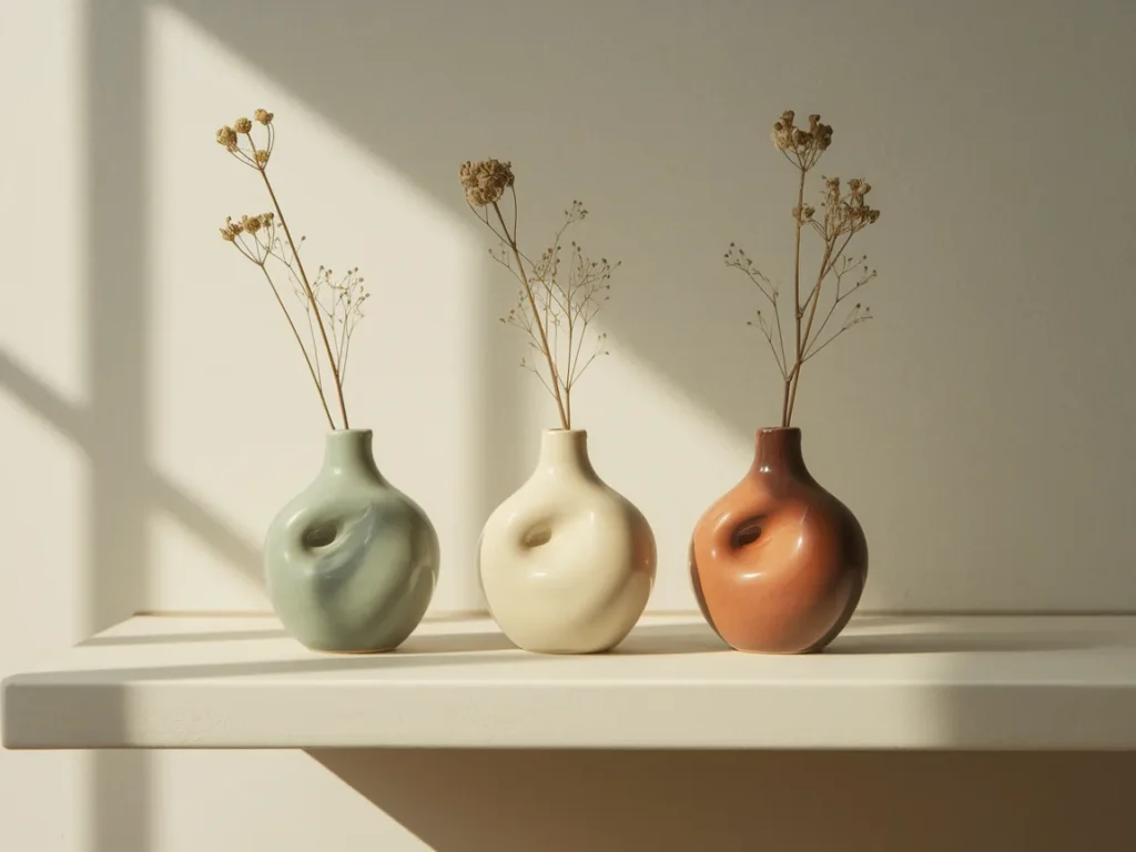 Three small ceramic bud vases in varying heights and organic 
