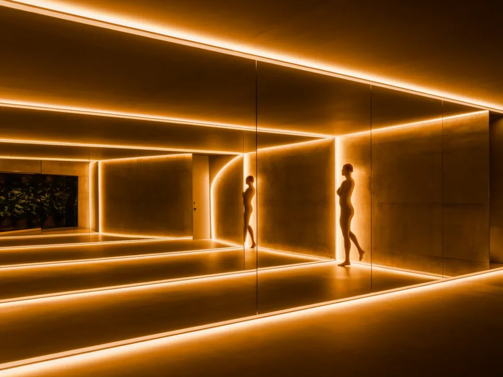 Wall of mirrors in modern home gym