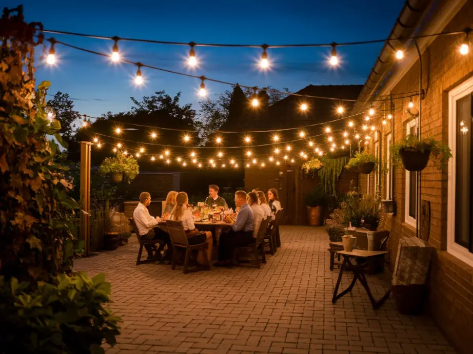Warm string lights crisscrossing over outdoor patio at twilight