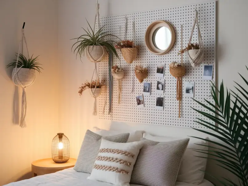 White boho peg board mounted on wall with mix