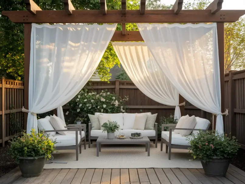 White outdoor curtains blowing gently in breeze