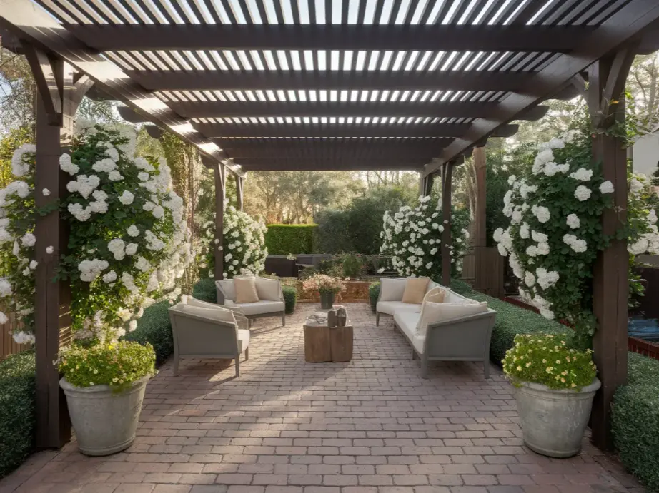 Wooden pergola with white climbing roses