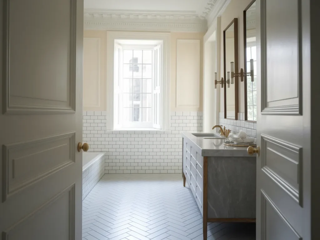 bathroom floor with light gray porcelain tiles
