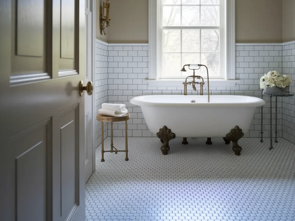 bathroom floor with white and gray hexagon mosaic tiles