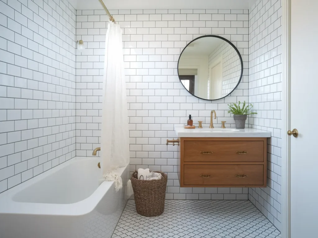 beautifully finished small bathroom with herringbone tile floor