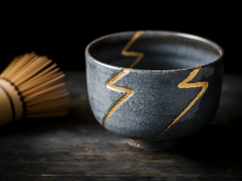 beautifully restored ceramic tea bowl with dramatic golden