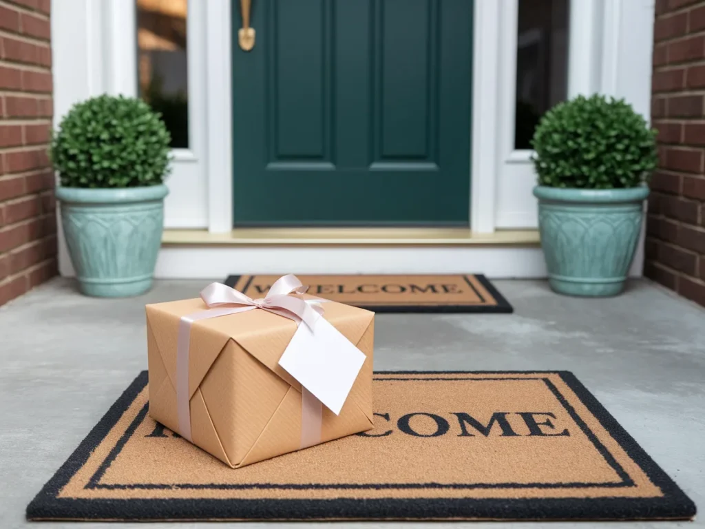 beautifully wrapped housewarming gift box sitting