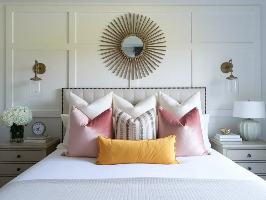 bed styled with layers of pillows including white sleeping