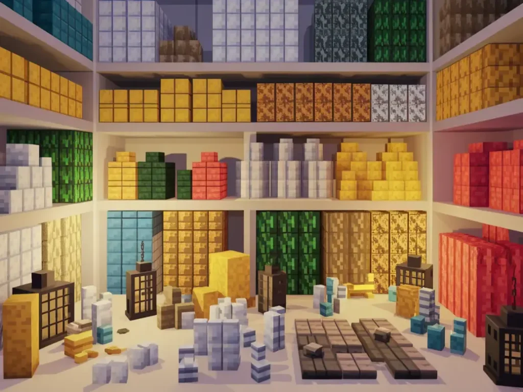 bright Minecraft interior workspace showing various building