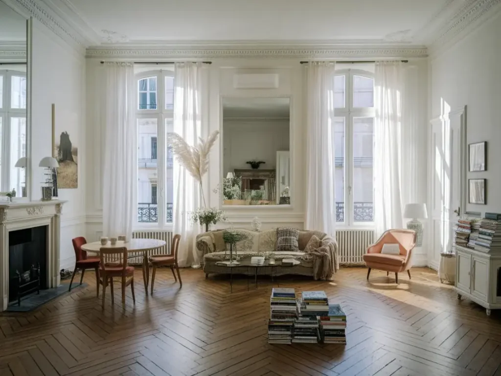 bright Parisian apartment living room with tall windows