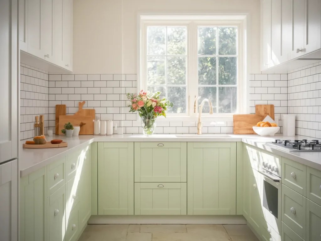 bright small kitchen with pale sage green lower cabinets