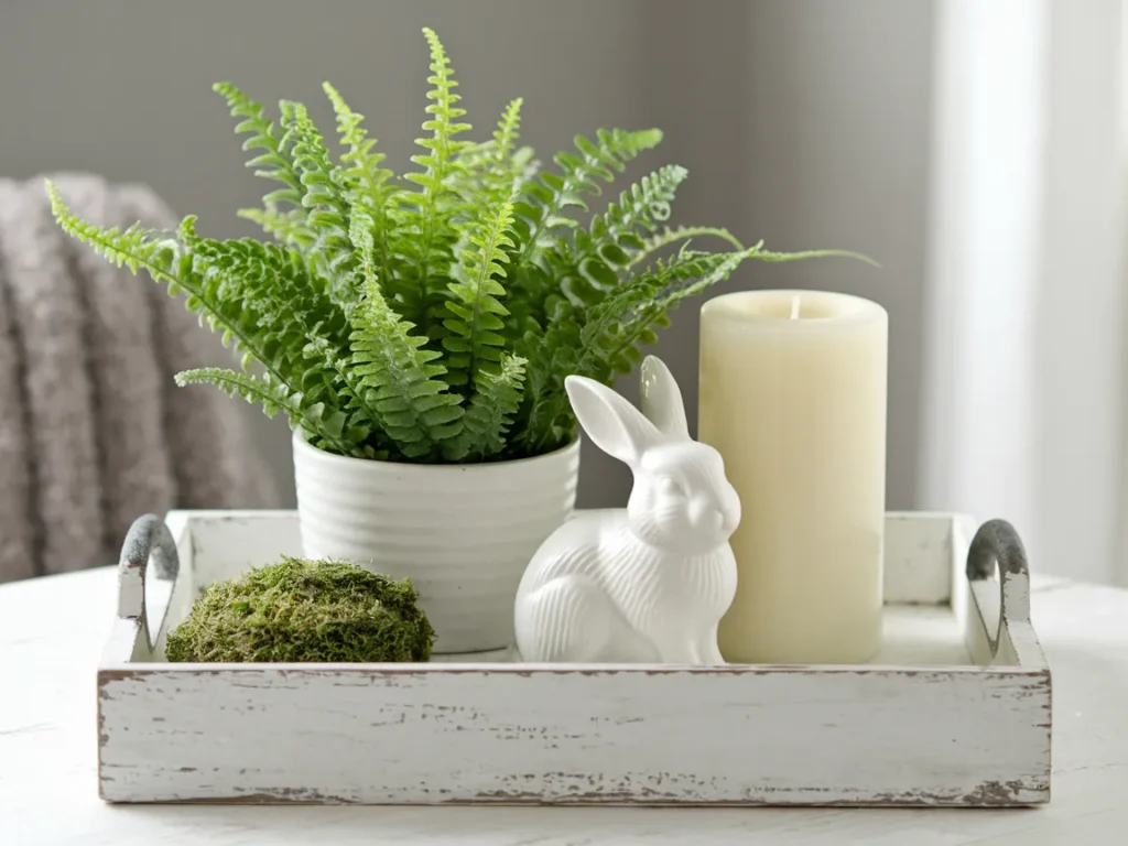 charming garden tray vignette featuring a small potted fern