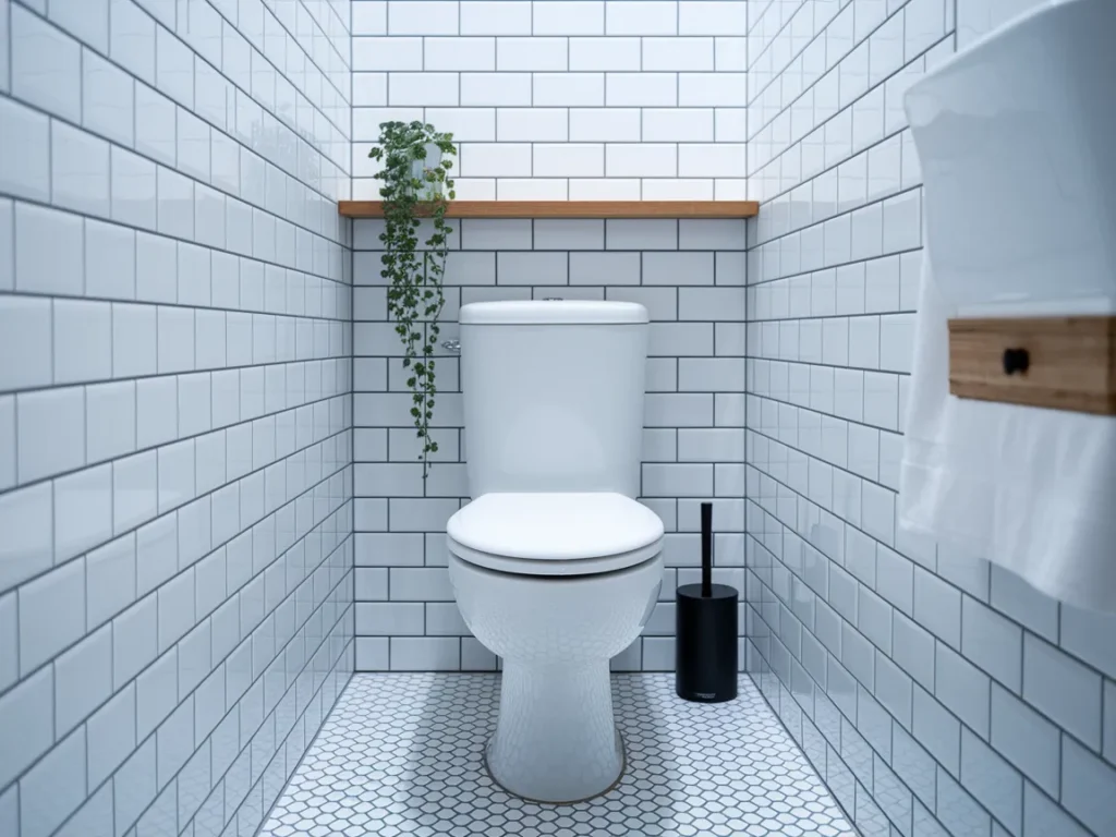 clean white modern toilet with a new soft-close seat in a small bathroom