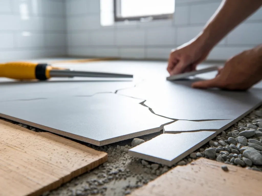 close-up of a cracked bathroom tile
