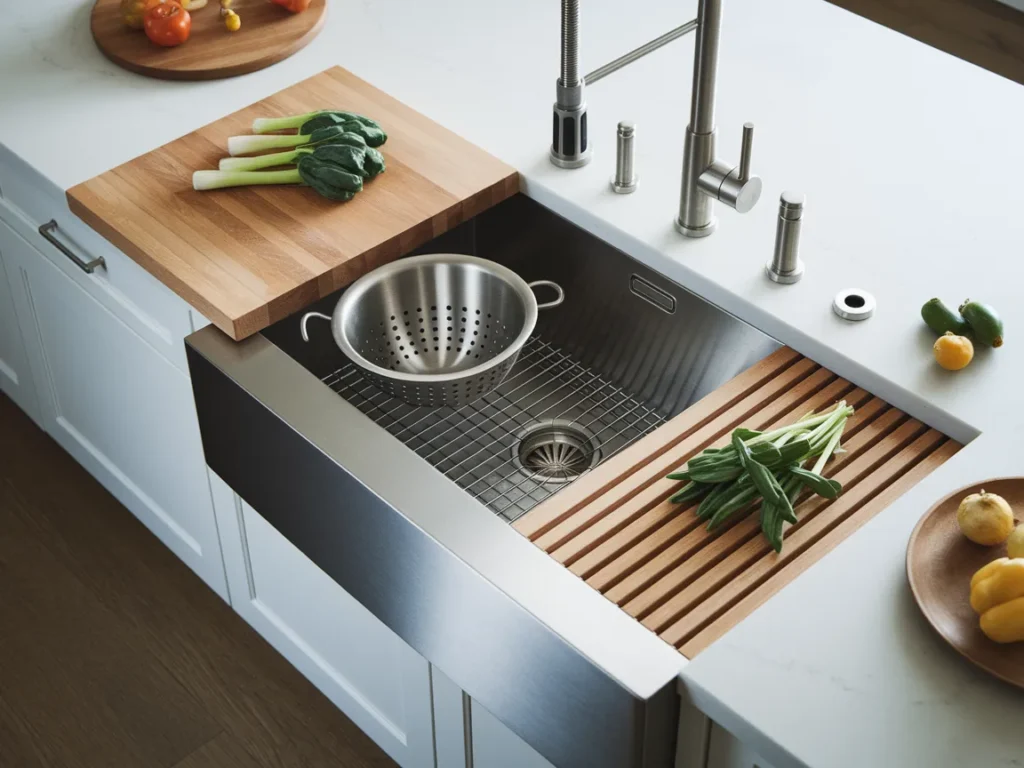 close-up of a large stainless steel workstation sink 