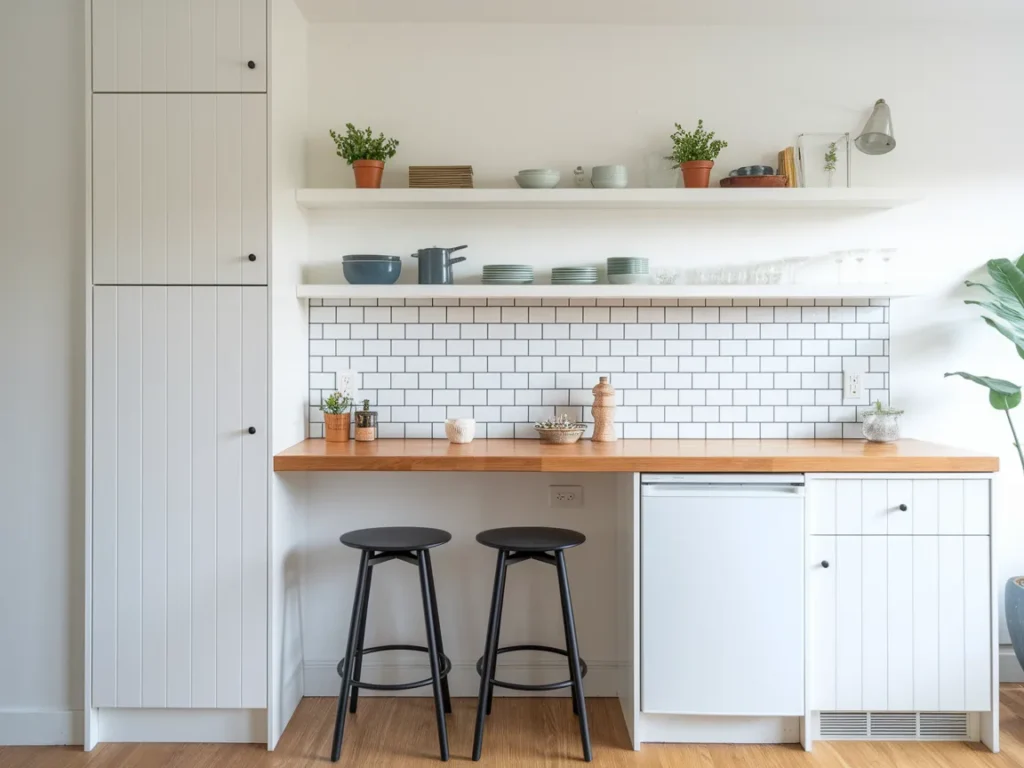 compact studio kitchen with white cabinets