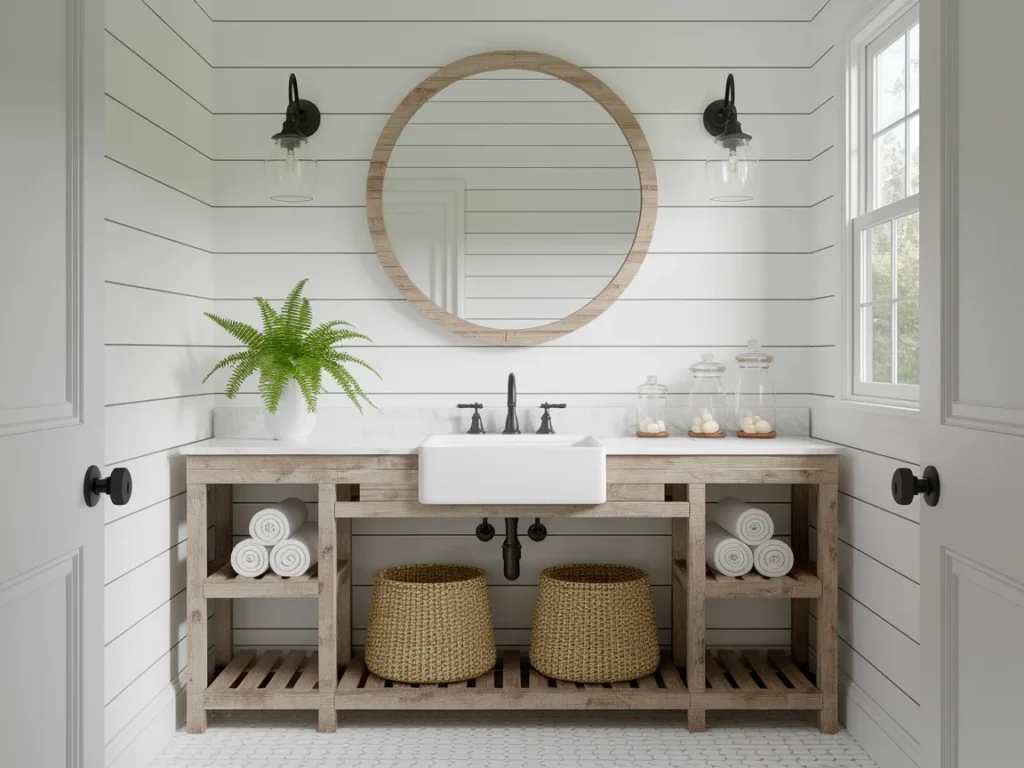 complete farmhouse bathroom photographed from the doorway