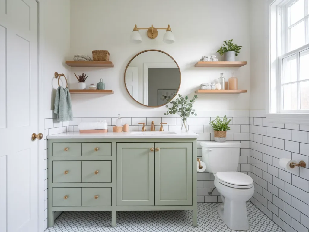 completed small bathroom remodel with white walls