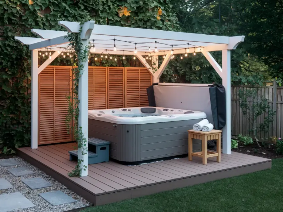 corner deck setup with a 2 person hot tub