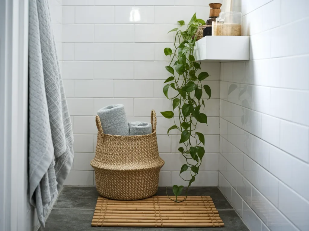 corner of a small bathroom with a pothos plant trailing from a white 