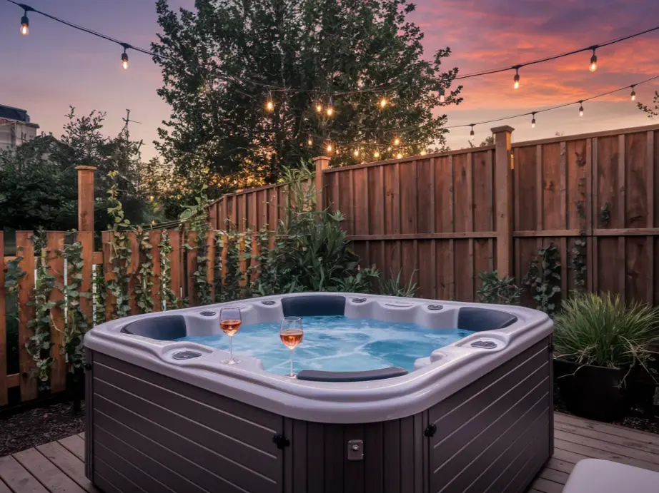 cozy 2 person outdoor jacuzzi on a wooden deck