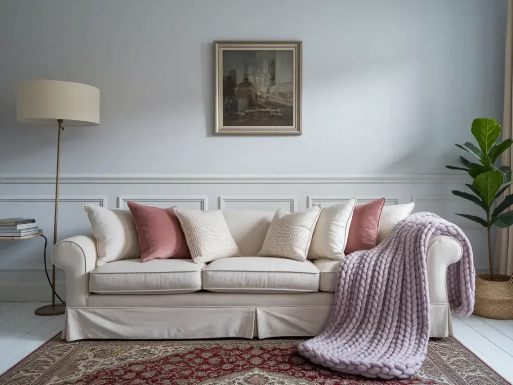 cozy Parisian sofa covered in layered linen