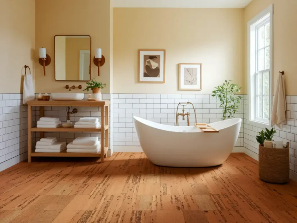 cozy bathroom with natural cork flooring in a honey tone