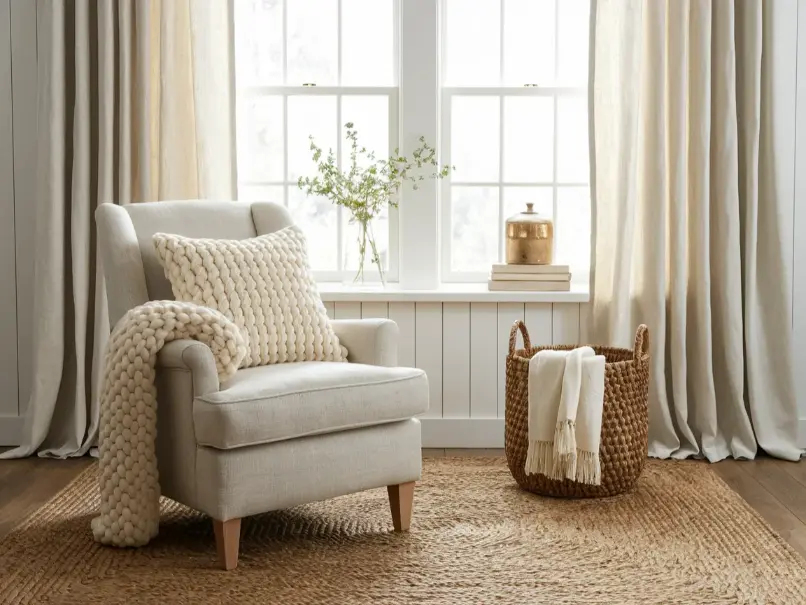 cozy corner of a farmhouse living room showing