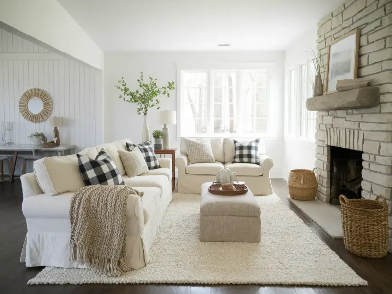 cozy farmhouse living room with a large slipcovered