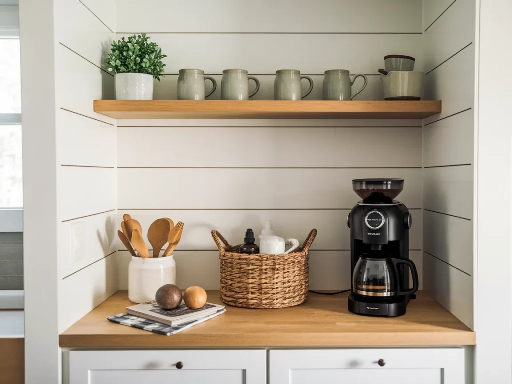 cozy kitchen coffee station built into a small nook