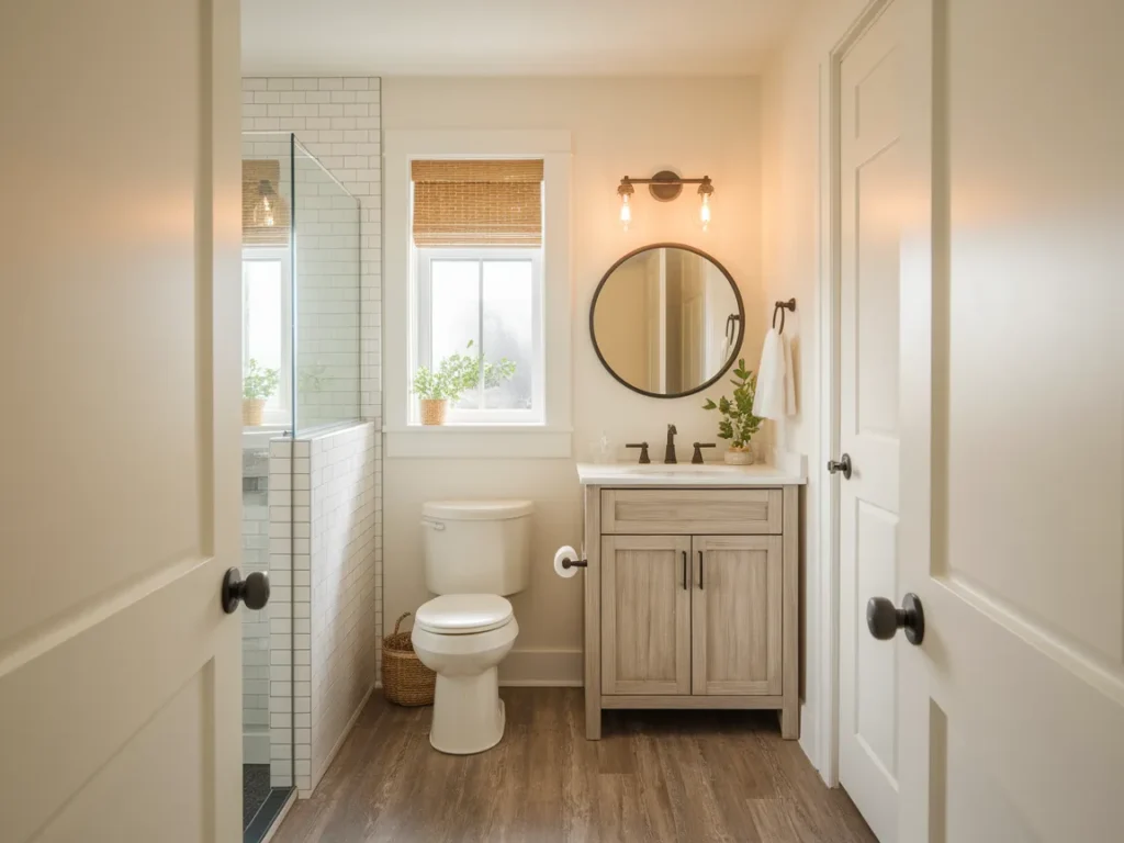 cozy small bathroom with wood-look luxury vinyl plank floorin