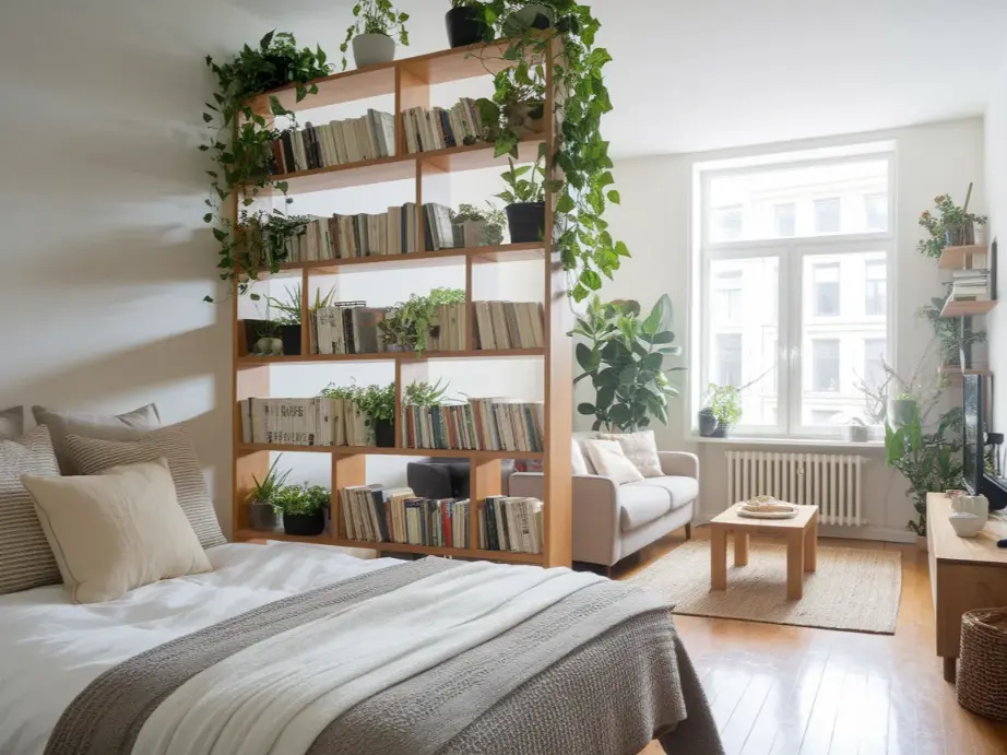 cozy studio apartment where a wooden bookshelf
