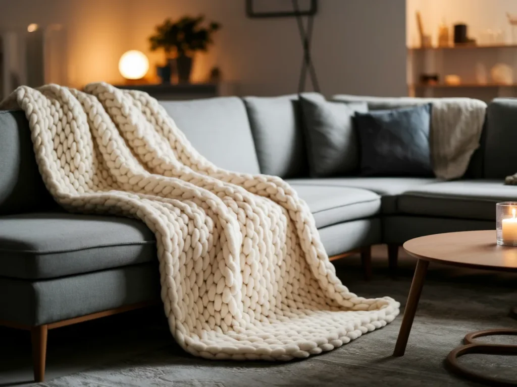 cream-colored chunky knit throw blanket draped